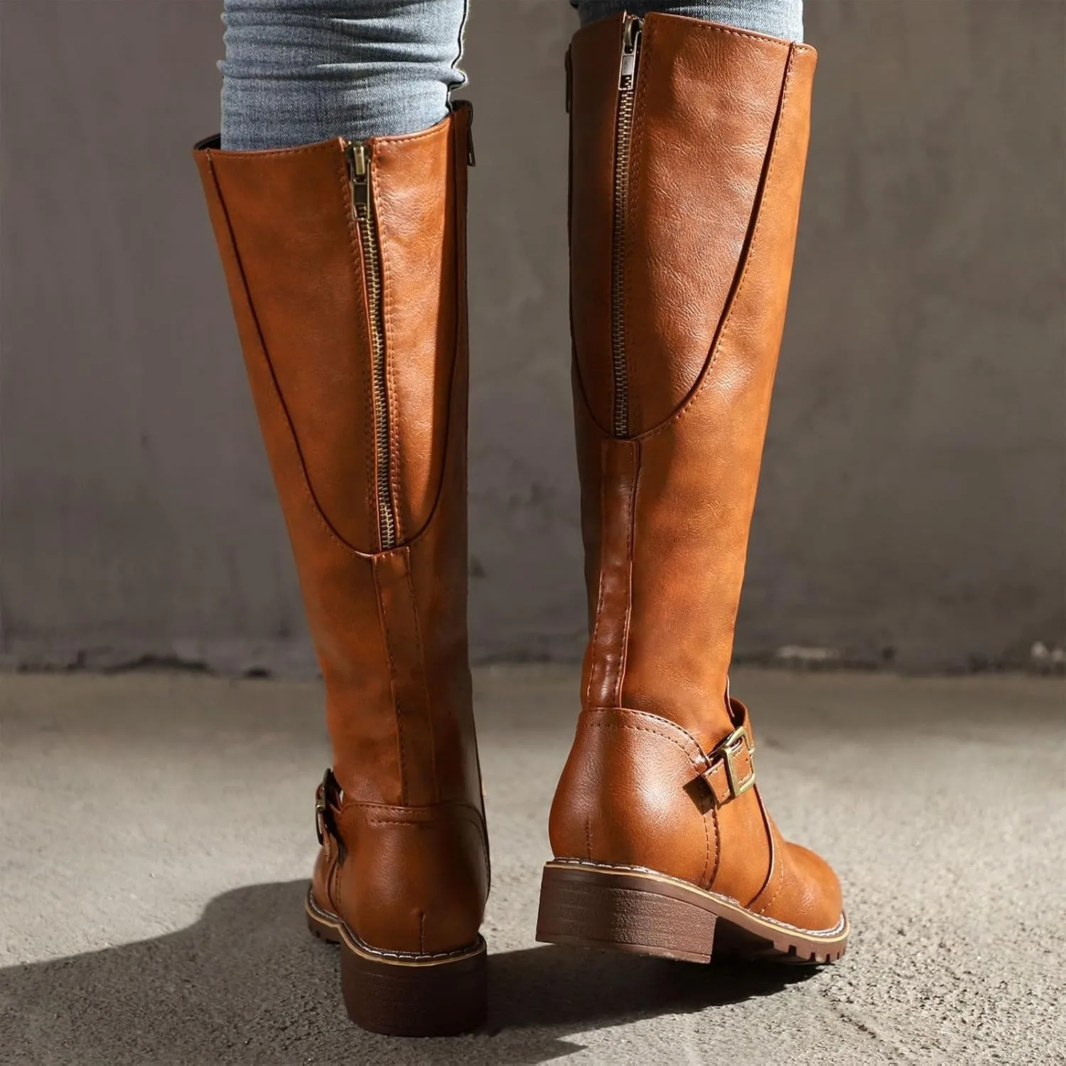 Knee High Boots for Women Tall Boots Comfortable with Metal Buckle and Zipper Mid Calf Knee High Riding
