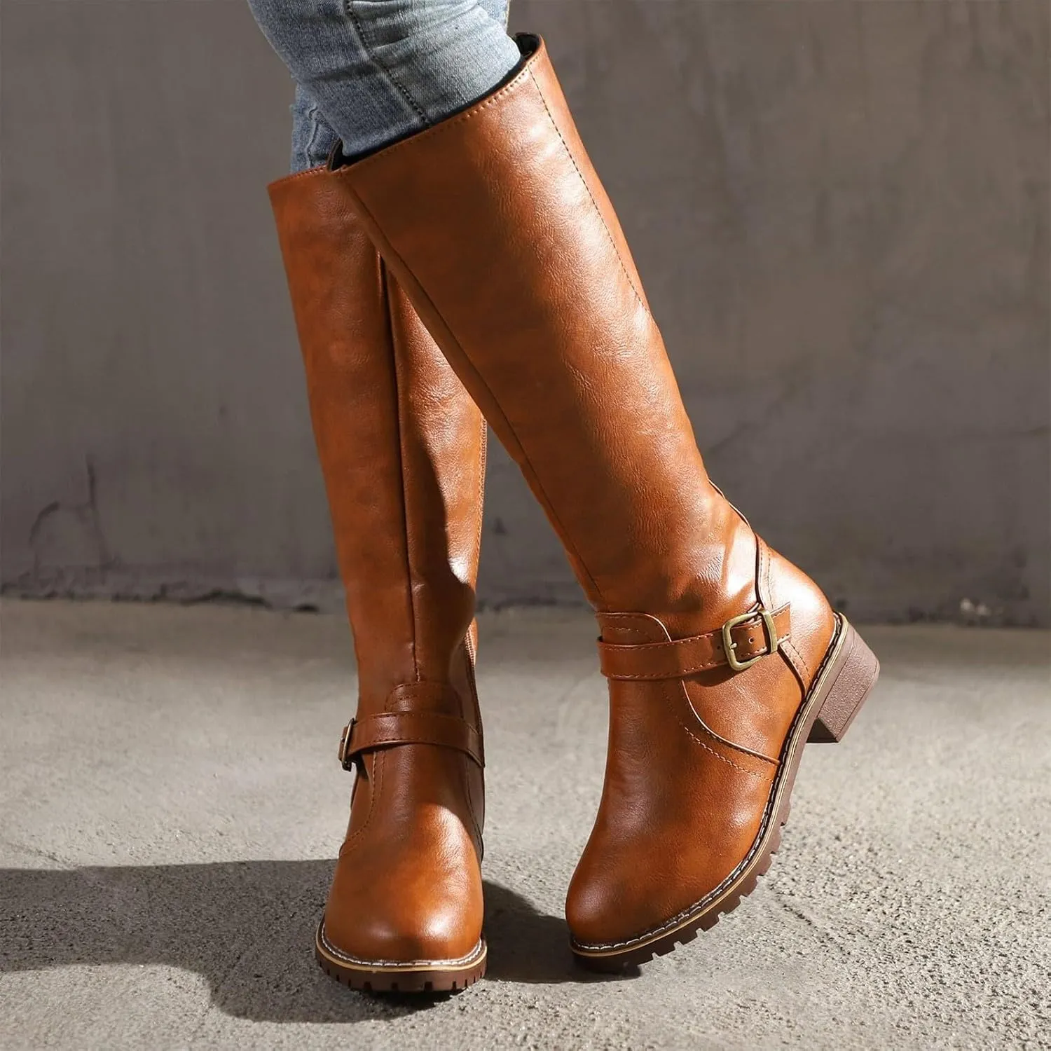 Knee High Boots for Women Tall Boots Comfortable with Metal Buckle and Zipper Mid Calf Knee High Riding