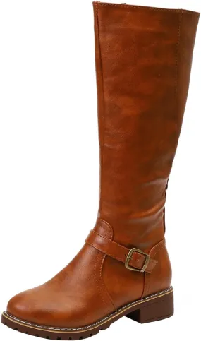Knee High Boots for Women Tall Boots Comfortable with Metal Buckle and Zipper Mid Calf Knee High Riding