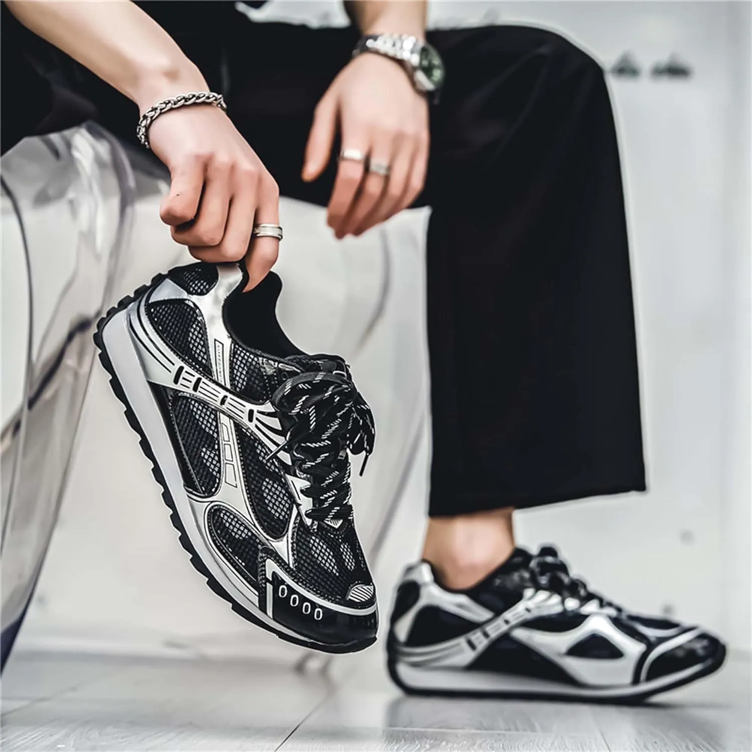 Men's Breathable Running Shoes Anti Slip Fitness Casual Sports Basketball Tennis Fashionable Cross Training Shoes Silver