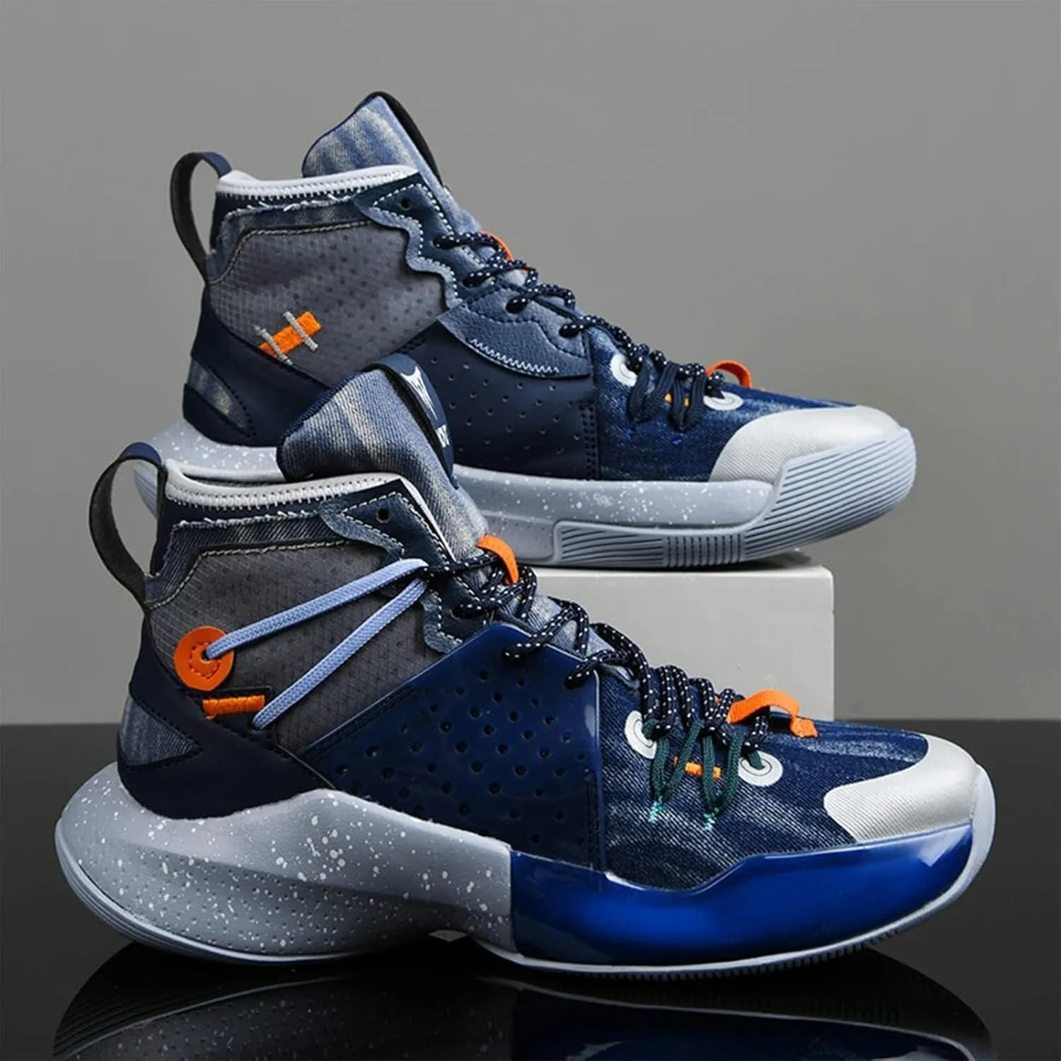Men's High Top Basketball Shoes Fashionable Breathable Running Sports Anti Slip Training Boots(Navy,7)