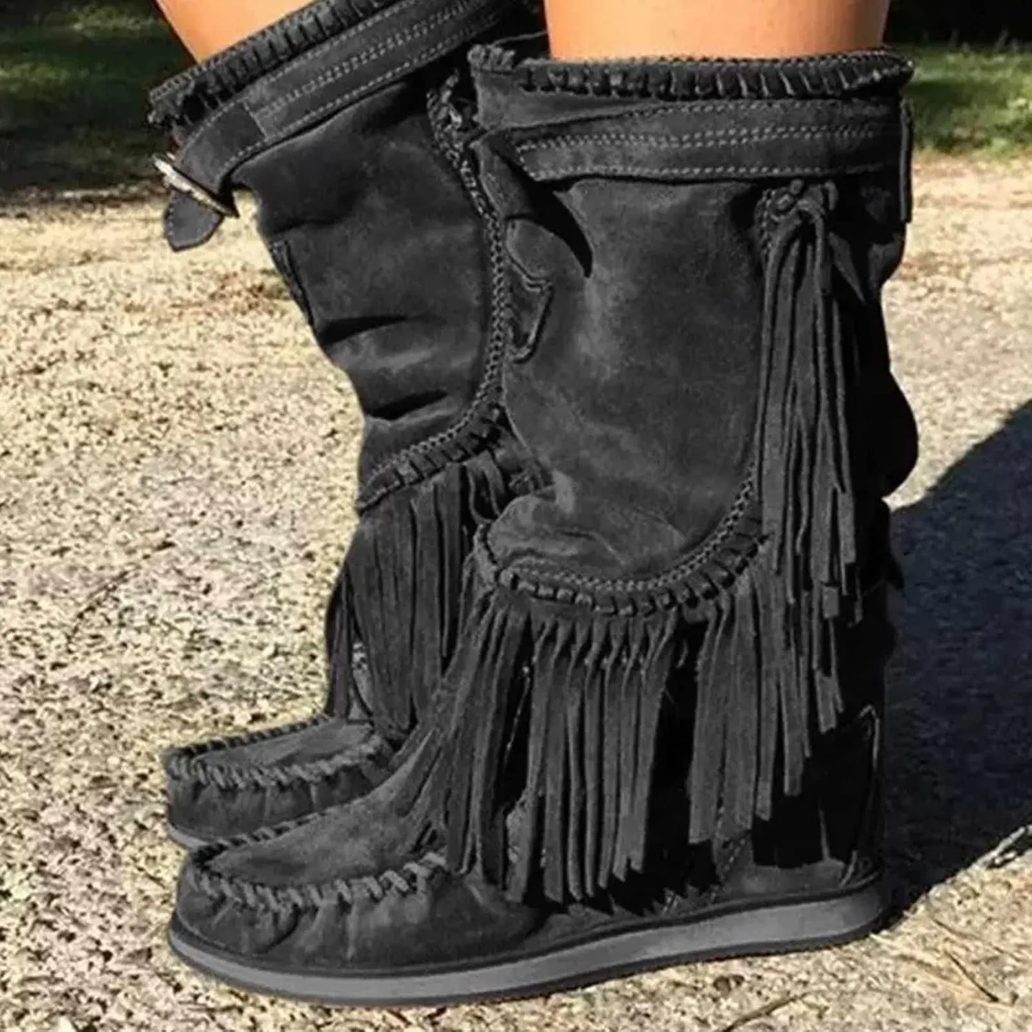 OMEARK Ladies Flat Tassel Ankle Boots, Vintage Round Toe Suede Western Mid-Calf Boots, Winter Sliding Wide Calf Cowboy Knee Boots