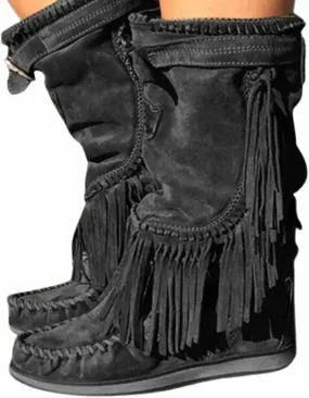OMEARK Ladies Flat Tassel Ankle Boots, Vintage Round Toe Suede Western Mid-Calf Boots, Winter Sliding Wide Calf Cowboy Knee Boots