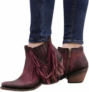 OMEARK Women's Western Tassel Booties, Vintage Pointed Toe Chunky Low Heel Cowboy Ankle Boot, Keep Warm Winter Side Zip Cowgirl Short Booties for Outdoor Walking