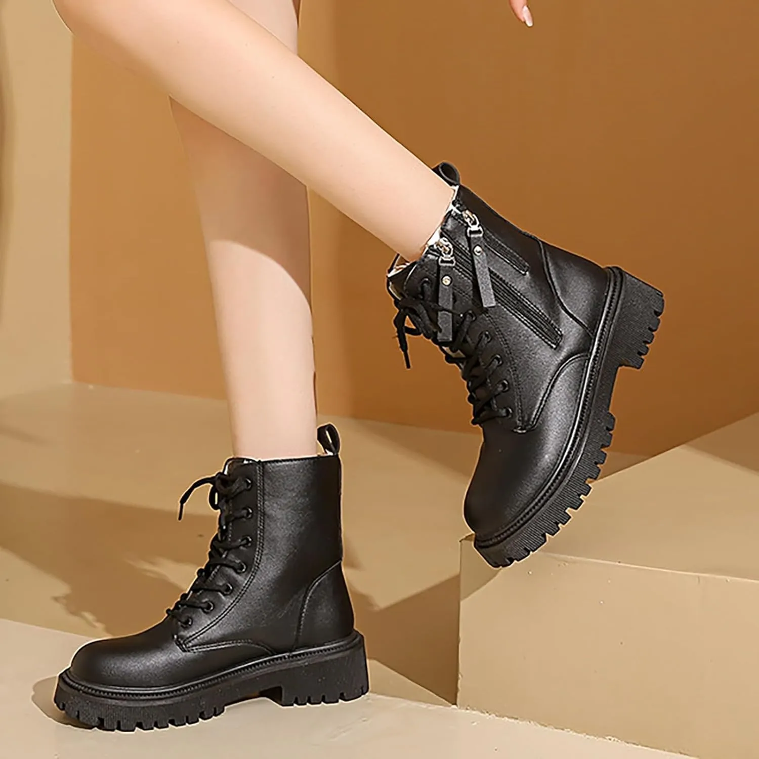 Plush Lined Wide Calf Knee High Boots for Women Non Slip Lug Sole Mid Calf Boots for Women Side Zipper Dress Boots