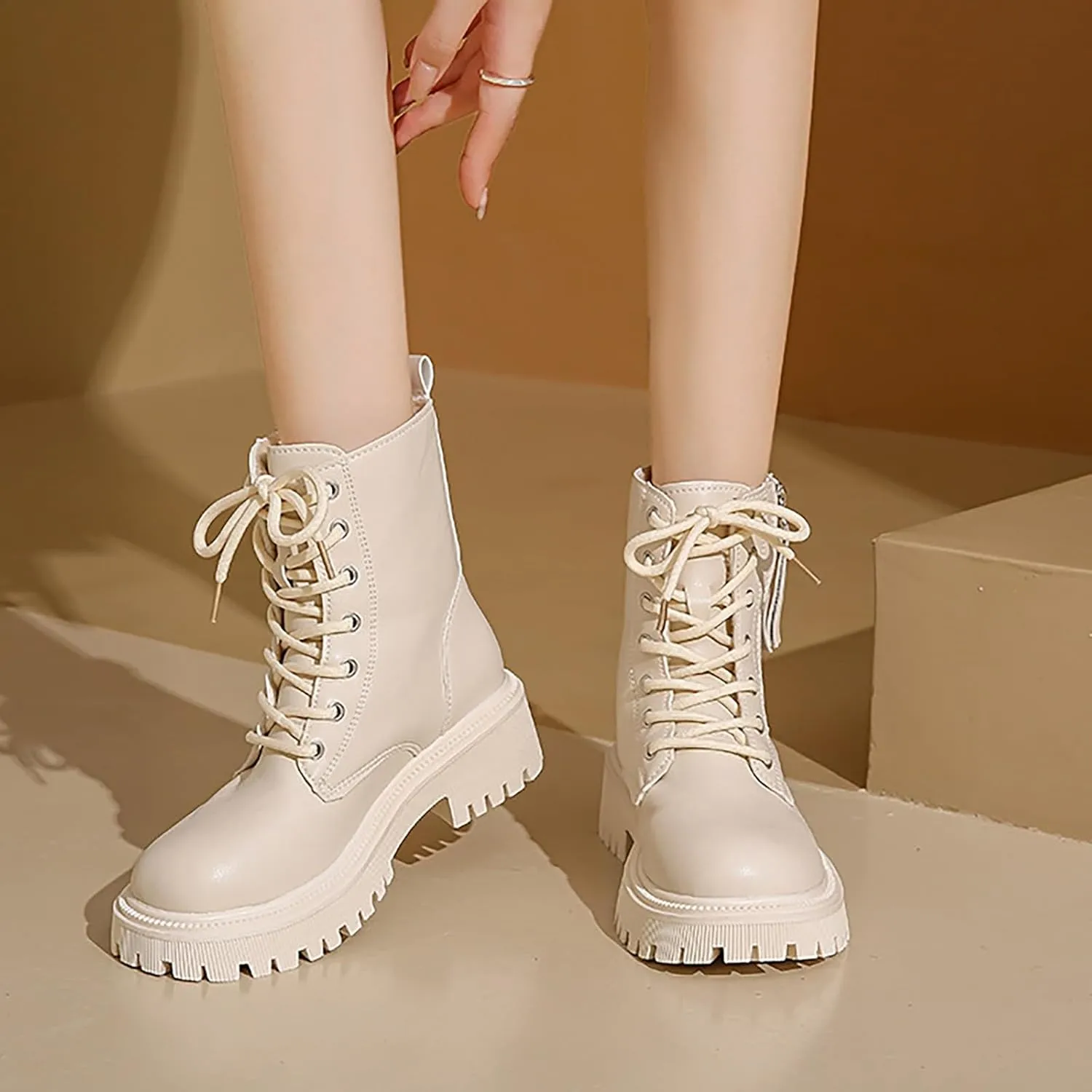 Plush Lined Wide Calf Knee High Boots for Women Non Slip Lug Sole Mid Calf Boots for Women Side Zipper Dress Boots