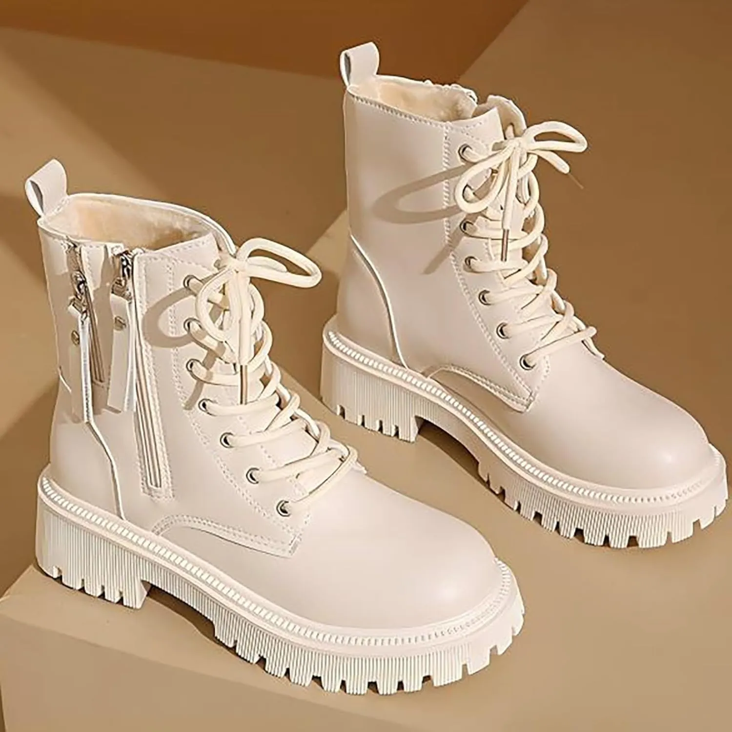 Plush Lined Wide Calf Knee High Boots for Women Non Slip Lug Sole Mid Calf Boots for Women Side Zipper Dress Boots