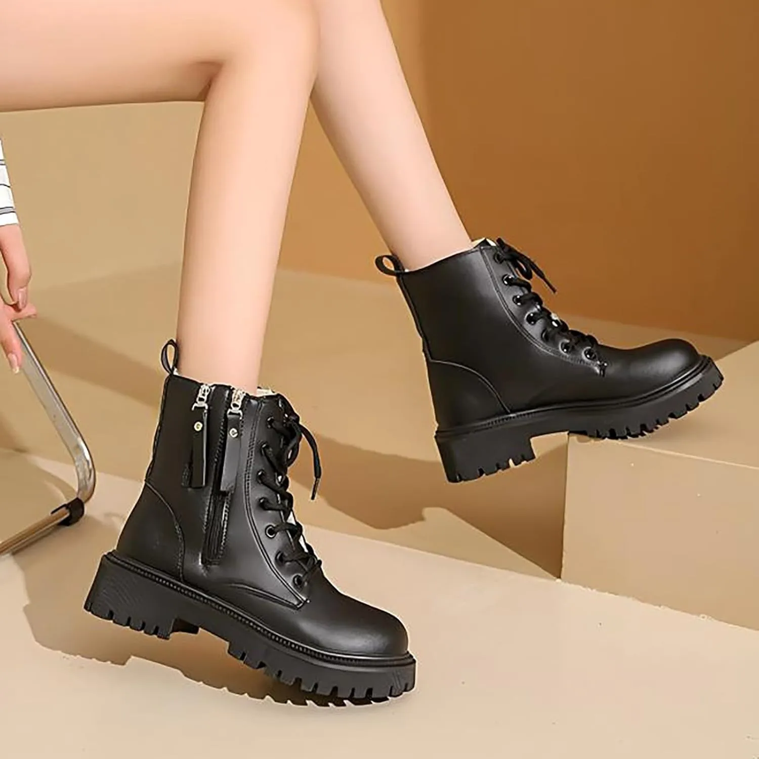 Plush Lined Wide Calf Knee High Boots for Women Non Slip Lug Sole Mid Calf Boots for Women Side Zipper Dress Boots