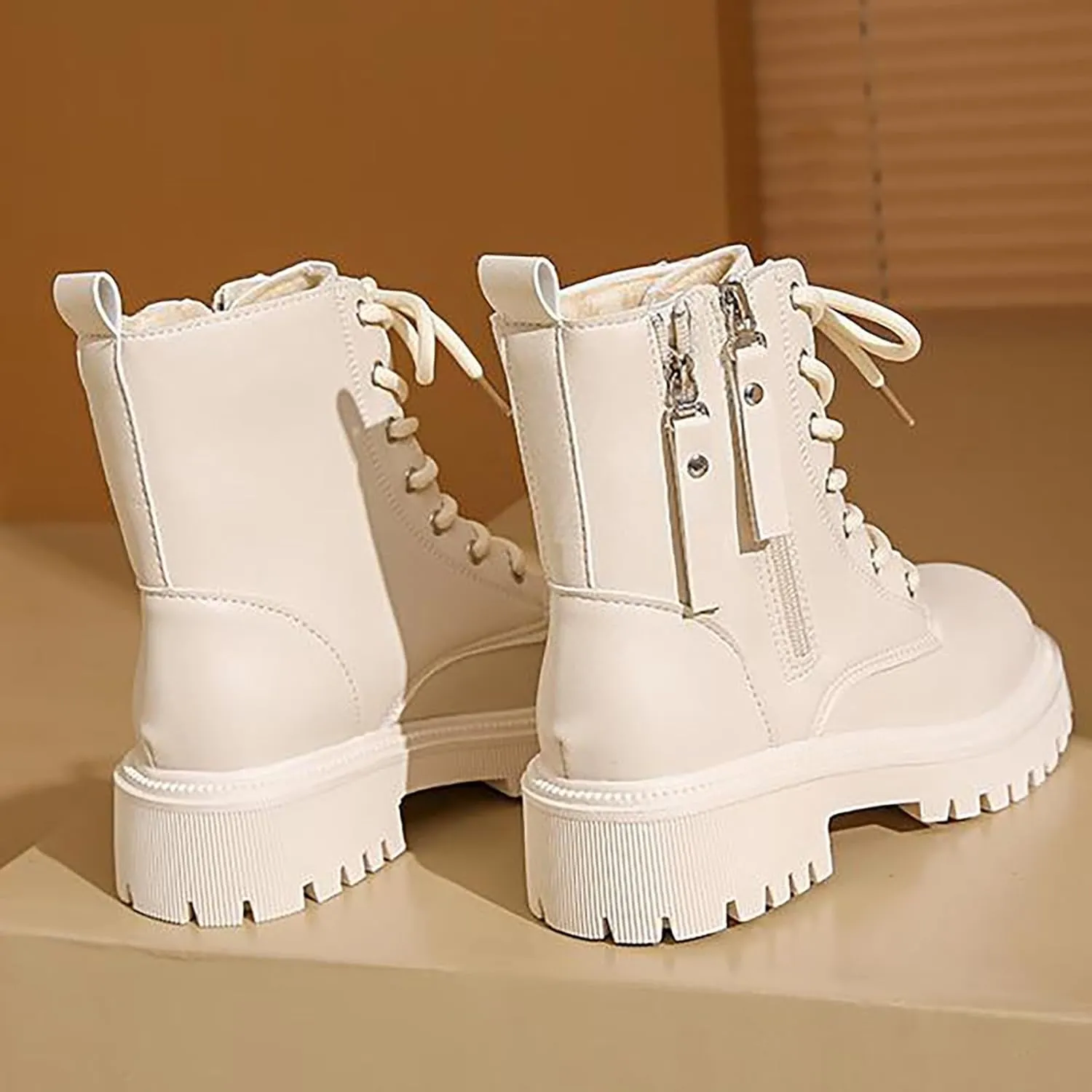 Plush Lined Wide Calf Knee High Boots for Women Non Slip Lug Sole Mid Calf Boots for Women Side Zipper Dress Boots
