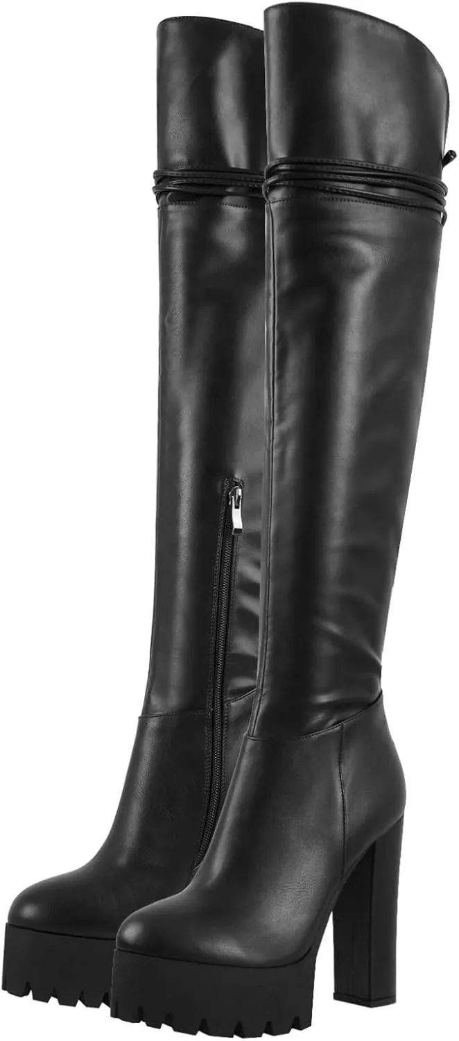 Richealnana Women's Platform Lace Up Side Zipper Over the Knee High Boots