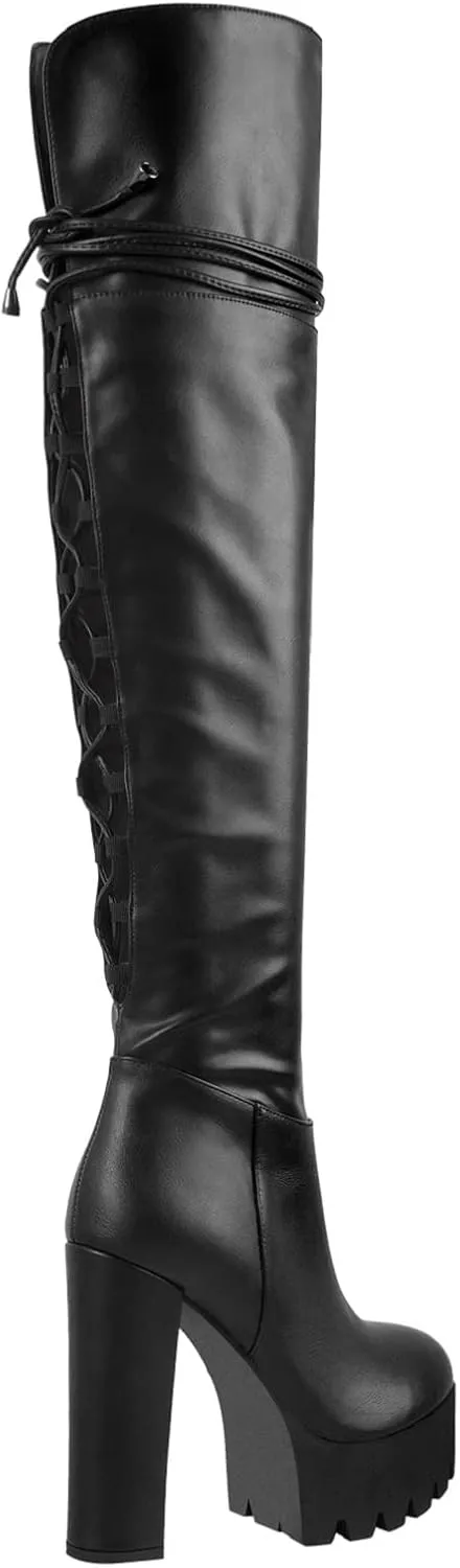 Richealnana Women's Platform Lace Up Side Zipper Over the Knee High Boots