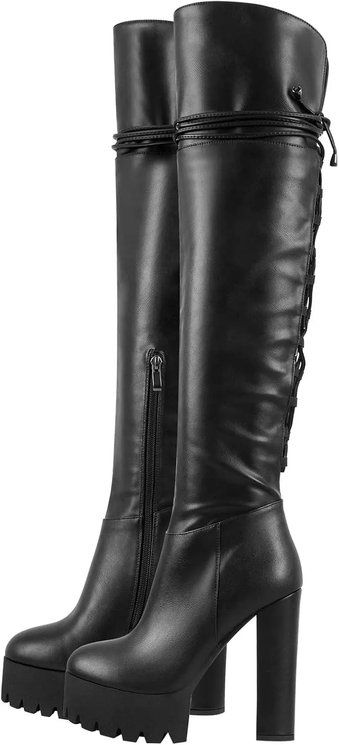 Richealnana Women's Platform Lace Up Side Zipper Over the Knee High Boots