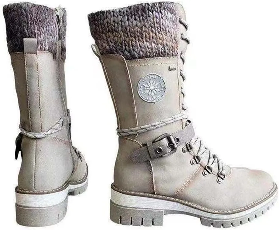 Round Head Women's Western Boots Wool Ankle Buckle Strap Fashion Casual Snow Boots Lace Up Zip Mid Calf Booties Platform Chunky Heel Mid Tube Booties Shoes