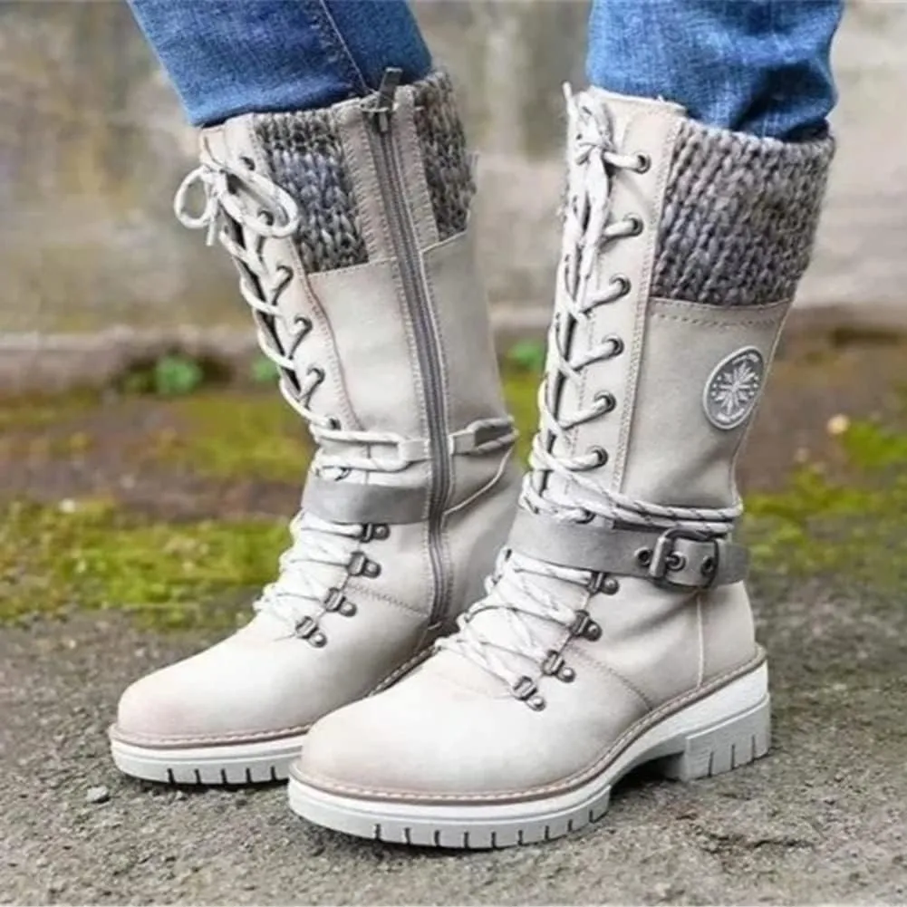 Round Head Women's Western Boots Wool Ankle Buckle Strap Fashion Casual Snow Boots Lace Up Zip Mid Calf Booties Platform Chunky Heel Mid Tube Booties Shoes