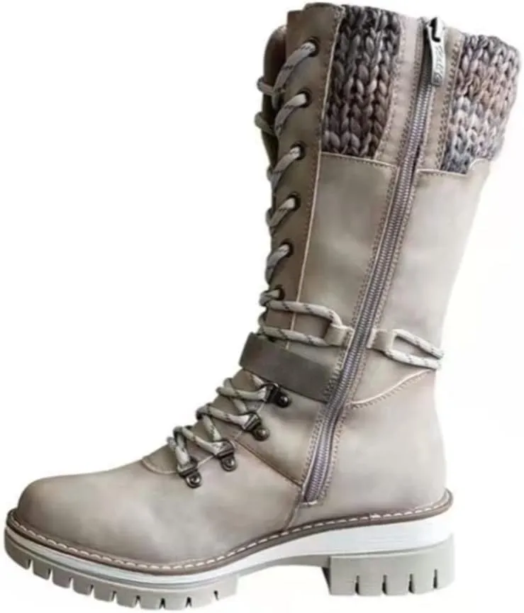 Round Head Women's Western Boots Wool Ankle Buckle Strap Fashion Casual Snow Boots Lace Up Zip Mid Calf Booties Platform Chunky Heel Mid Tube Booties Shoes