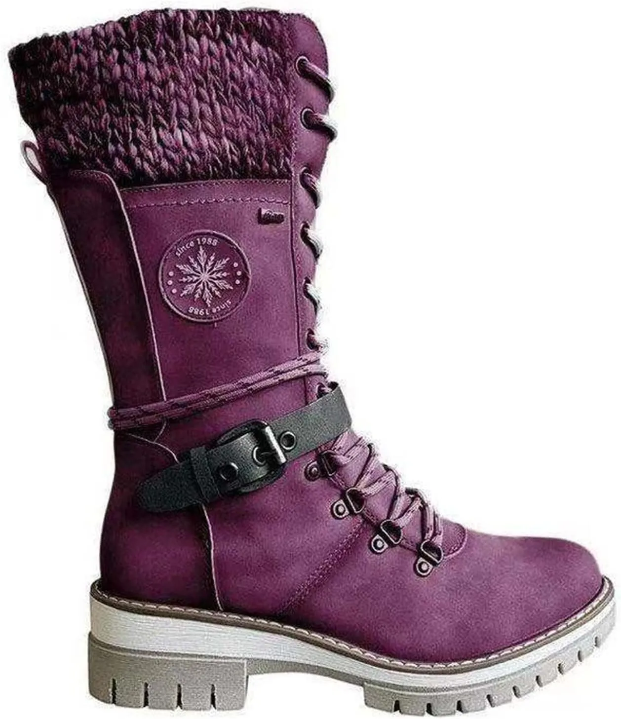 Round Head Women's Western Boots Wool Ankle Buckle Strap Fashion Casual Snow Boots Lace Up Zip Mid Calf Booties Platform Chunky Heel Mid Tube Booties Shoes