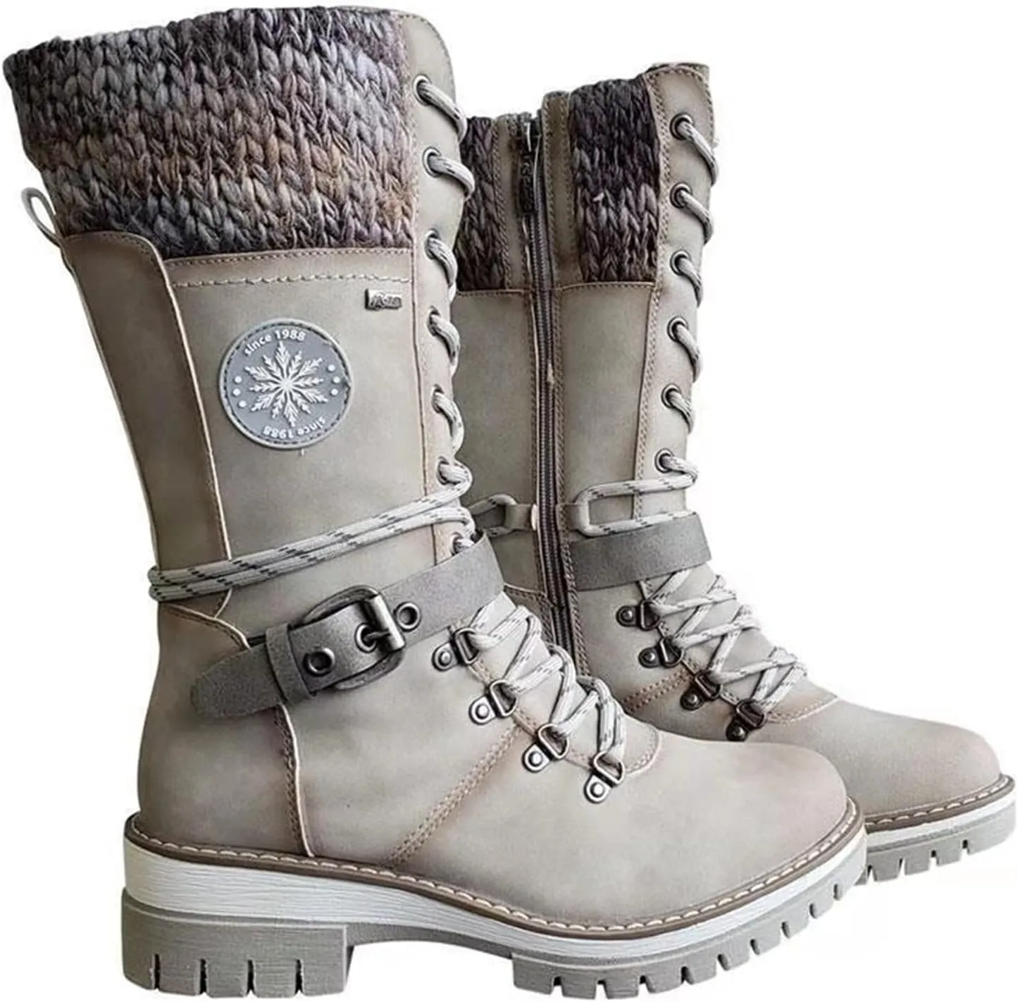 Round Head Women's Western Boots Wool Ankle Buckle Strap Fashion Casual Snow Boots Lace Up Zip Mid Calf Booties Platform Chunky Heel Mid Tube Booties Shoes