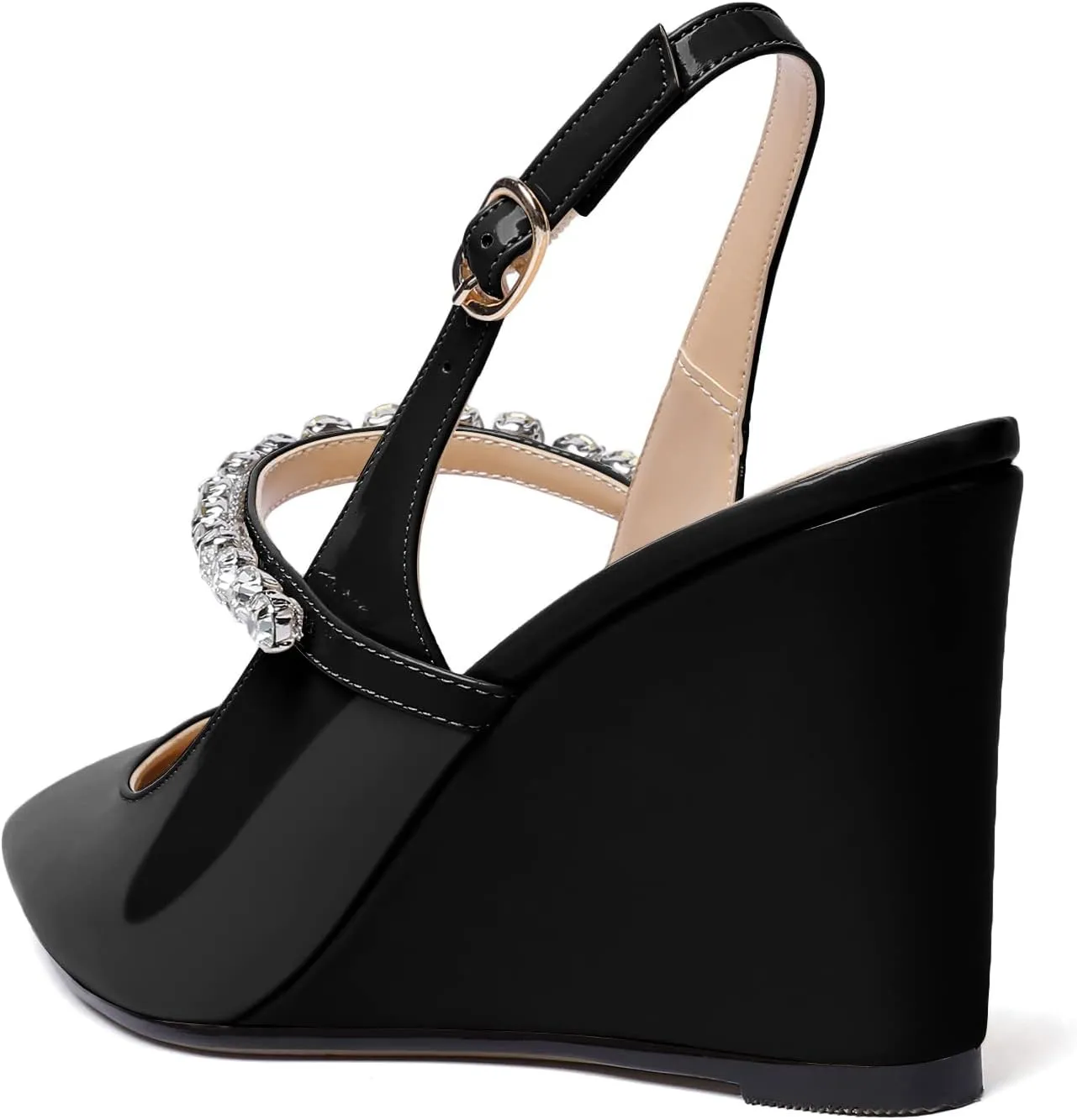 Soireelady Women High Heel Wedges Pointed Toe Heeled Sandals Slingback Wedge Heel Pumps Crystal Strap Buckle Heels Elegant Wedding, Party Dress Shoes