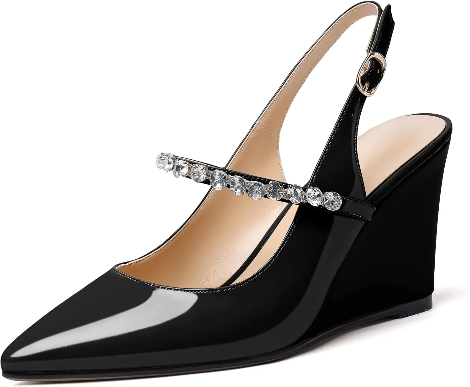Soireelady Women High Heel Wedges Pointed Toe Heeled Sandals Slingback Wedge Heel Pumps Crystal Strap Buckle Heels Elegant Wedding, Party Dress Shoes