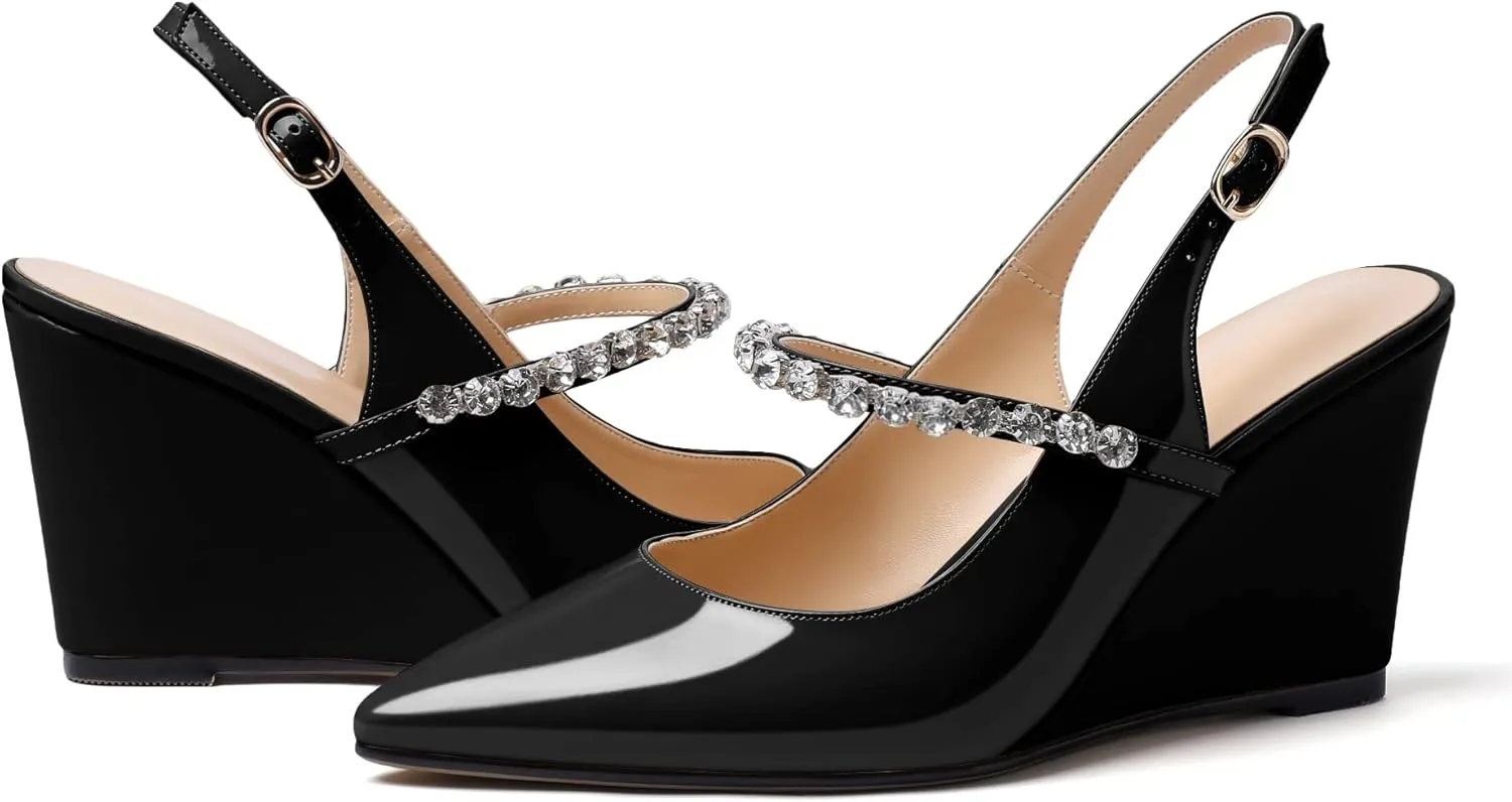 Soireelady Women High Heel Wedges Pointed Toe Heeled Sandals Slingback Wedge Heel Pumps Crystal Strap Buckle Heels Elegant Wedding, Party Dress Shoes