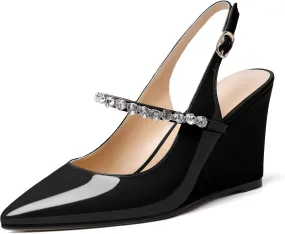 Soireelady Women High Heel Wedges Pointed Toe Heeled Sandals Slingback Wedge Heel Pumps Crystal Strap Buckle Heels Elegant Wedding, Party Dress Shoes
