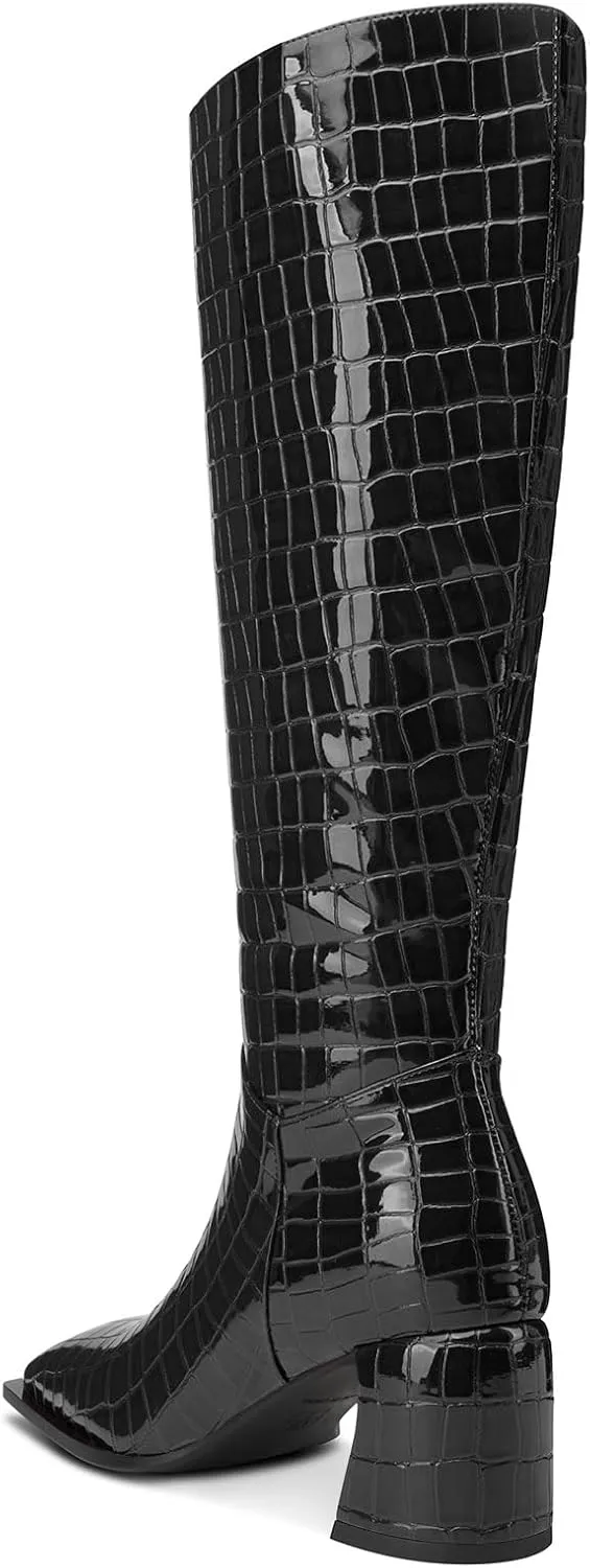 TNYNFBEB Womens Chunky Block Mid Heel Square Toe Knee High Boots Zipper Prom Party Dress 2.8 Inches Heels