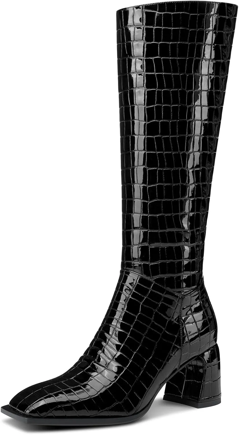 TNYNFBEB Womens Chunky Block Mid Heel Square Toe Knee High Boots Zipper Prom Party Dress 2.8 Inches Heels
