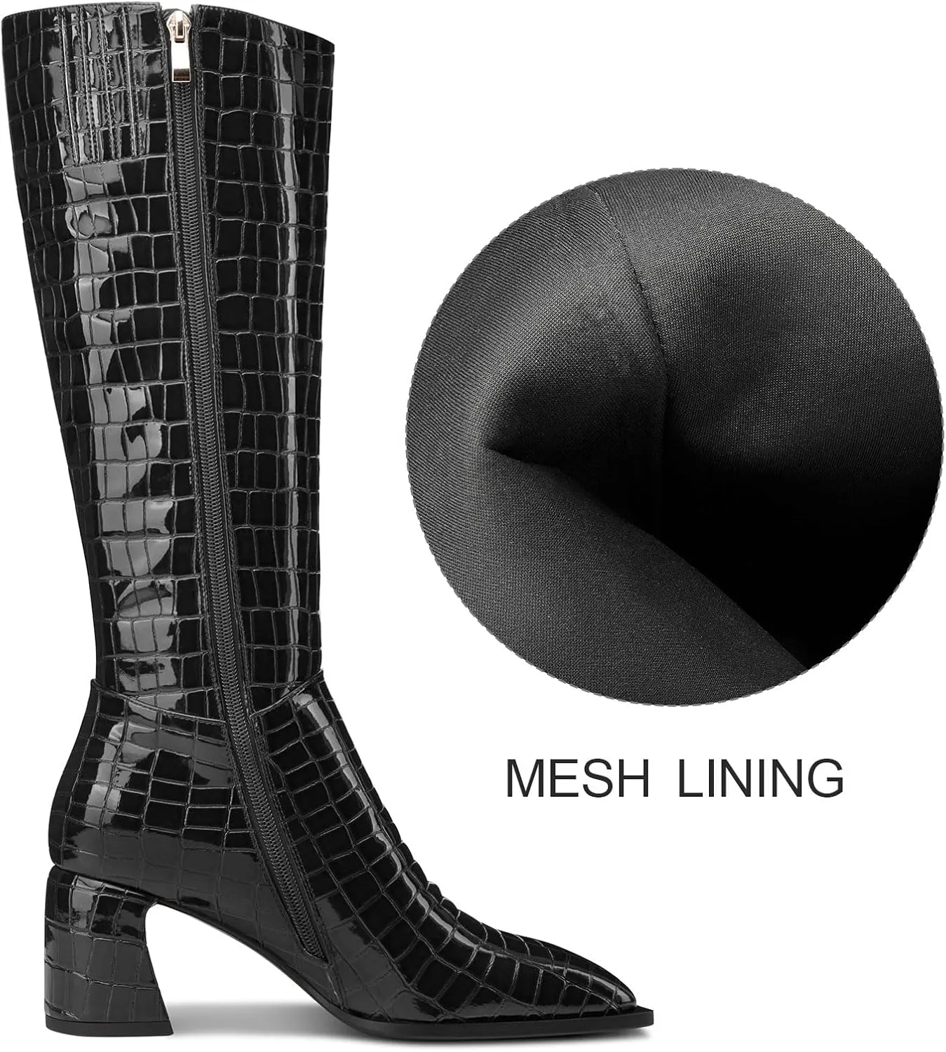 TNYNFBEB Womens Chunky Block Mid Heel Square Toe Knee High Boots Zipper Prom Party Dress 2.8 Inches Heels