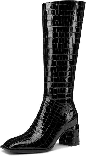 TNYNFBEB Womens Chunky Block Mid Heel Square Toe Knee High Boots Zipper Prom Party Dress 2.8 Inches Heels