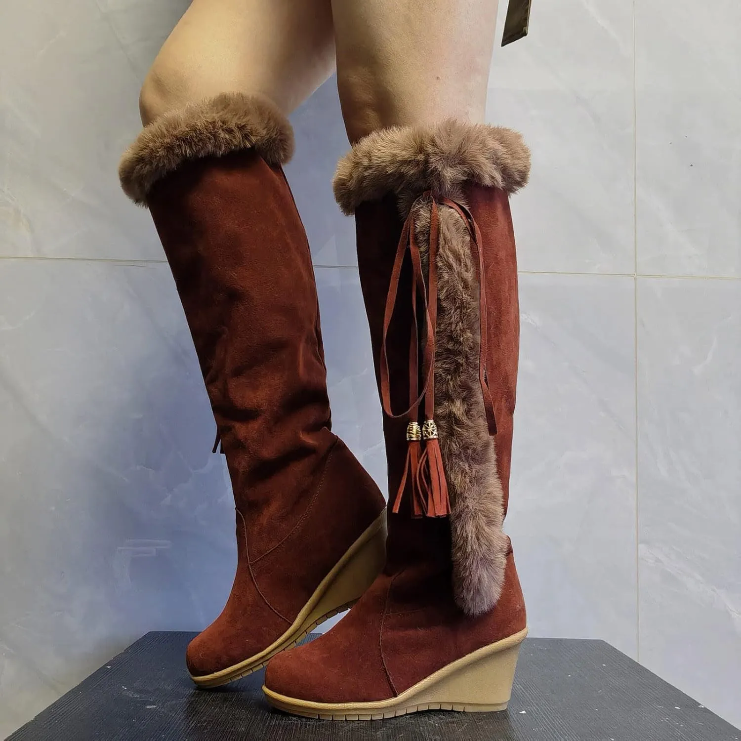 wodceeke Knee High Winter Boots for Women Fur Lined Warm Snow Boots Wedge High Heel Wide Width Lace Up Suede Boots