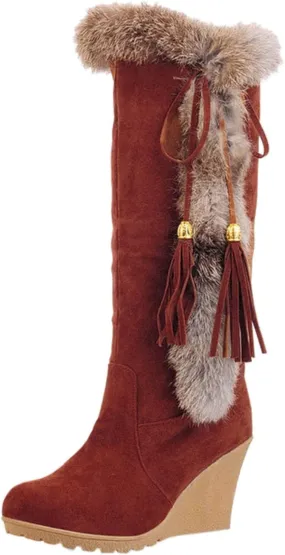 wodceeke Knee High Winter Boots for Women Fur Lined Warm Snow Boots Wedge High Heel Wide Width Lace Up Suede Boots