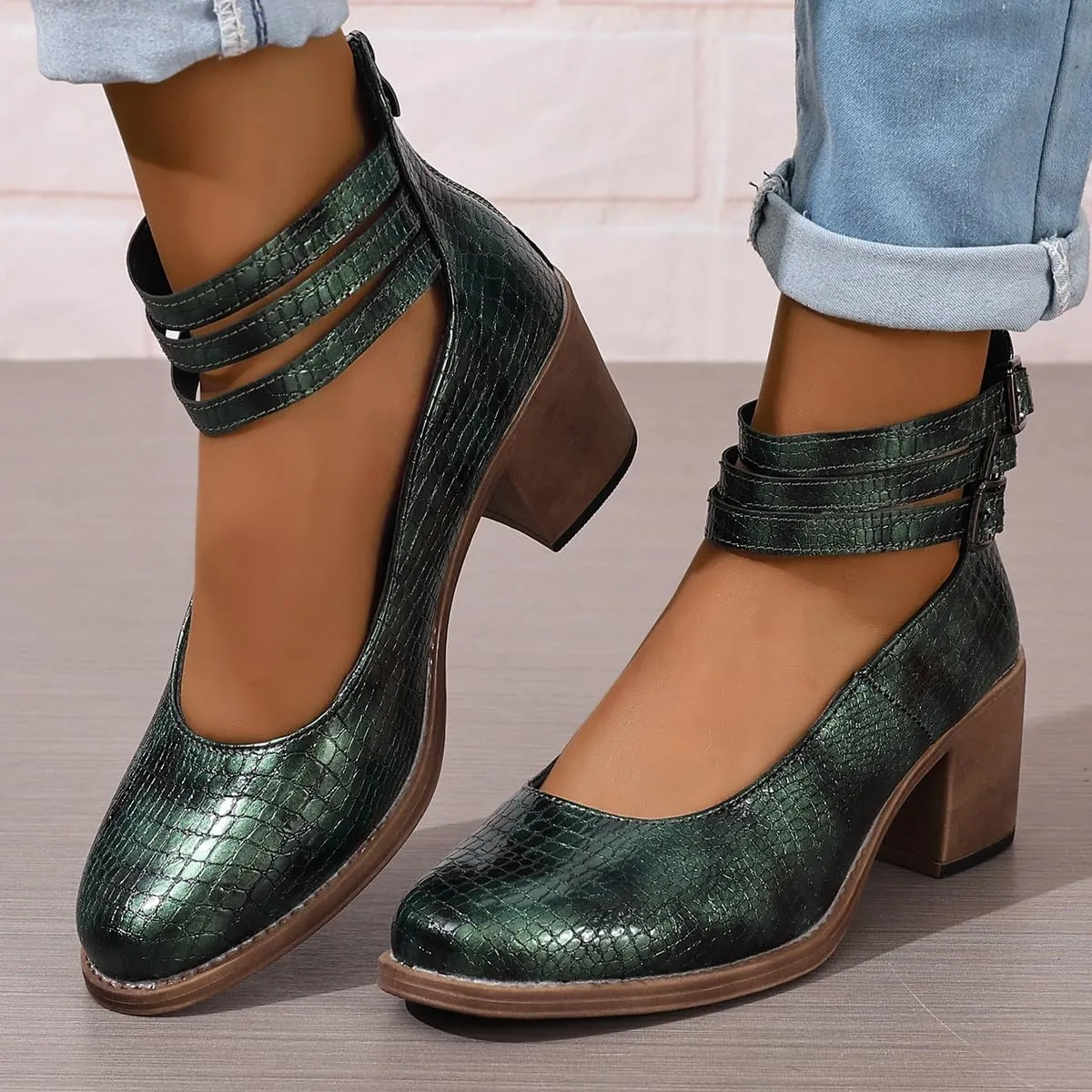 Womens Ankle Strap Chunky Heel Booties Ankle Strap Goth Buckle Back Zipper Pumps Dress Sandals Closed Toe Mary Janes Pumps