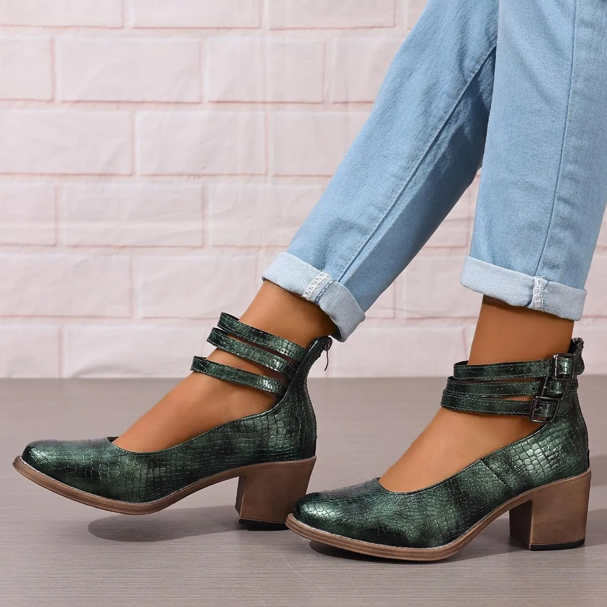 Womens Ankle Strap Chunky Heel Booties Ankle Strap Goth Buckle Back Zipper Pumps Dress Sandals Closed Toe Mary Janes Pumps