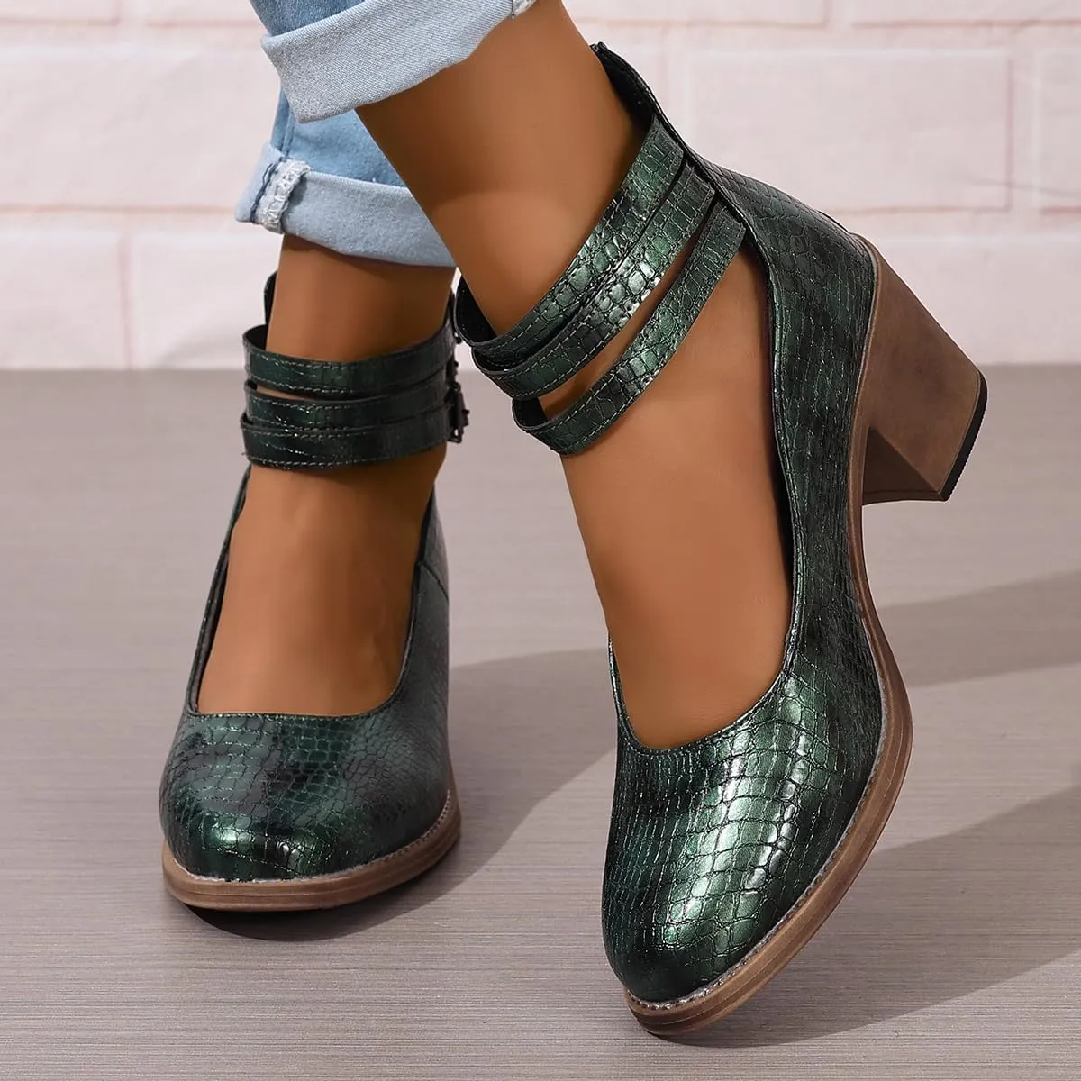 Womens Ankle Strap Chunky Heel Booties Ankle Strap Goth Buckle Back Zipper Pumps Dress Sandals Closed Toe Mary Janes Pumps