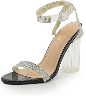 Women's Chunky Clear High Heels Sandals Rhinestone Ankle Strap Block Heels