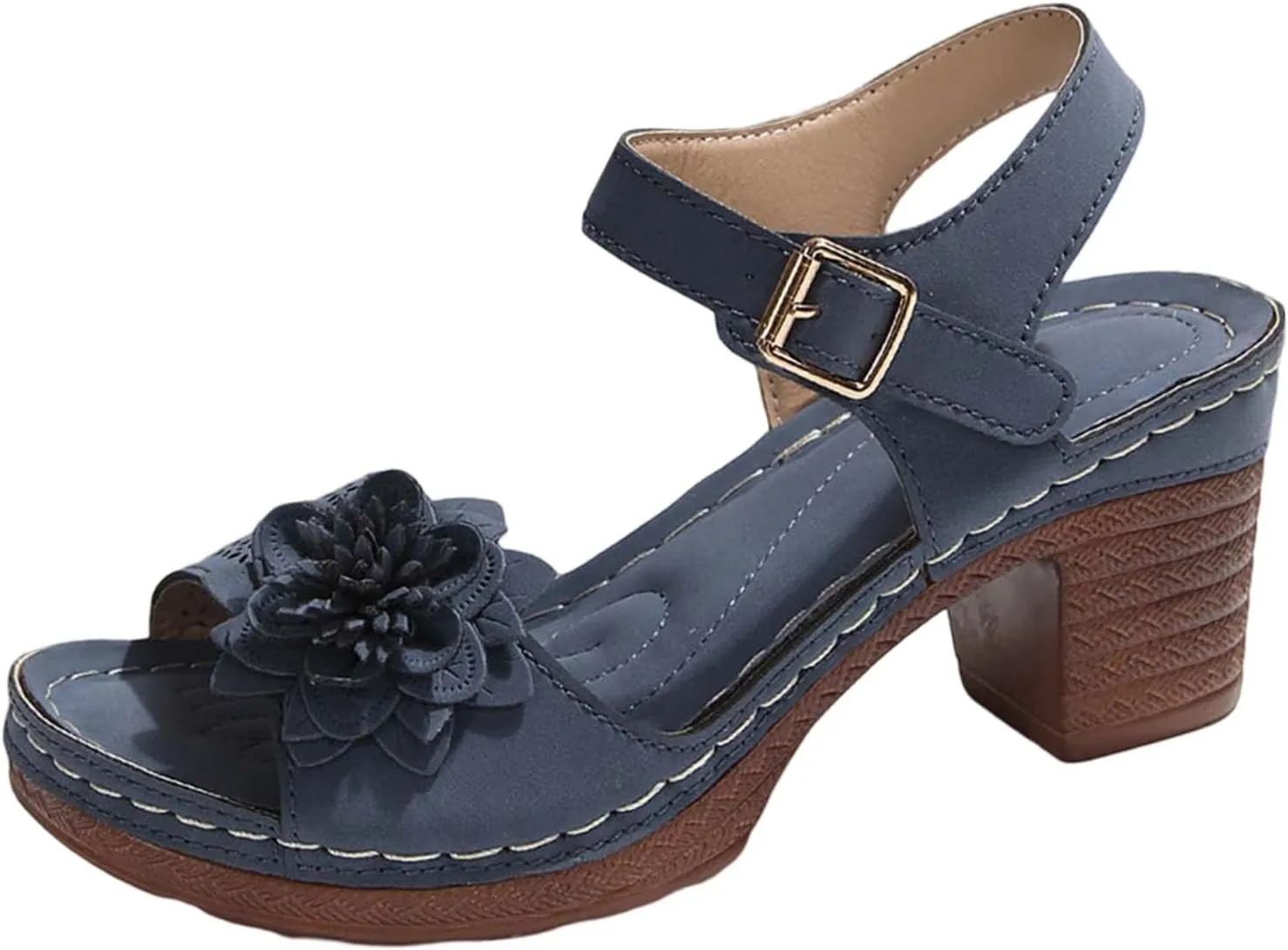 Womens Chunky High Block Heels Elegant Fish Mouth Flowers Sandals Dressy Summer Casual Ankle Strap Hollow Out Platform Wedge Sandal