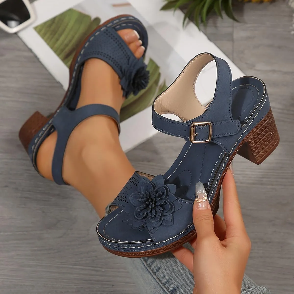 Womens Chunky High Block Heels Elegant Fish Mouth Flowers Sandals Dressy Summer Casual Ankle Strap Hollow Out Platform Wedge Sandal