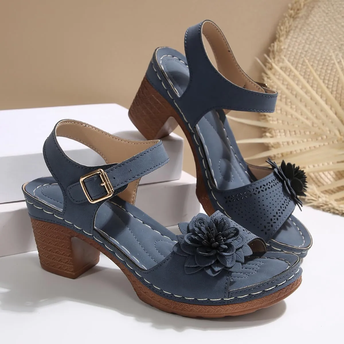 Womens Chunky High Block Heels Elegant Fish Mouth Flowers Sandals Dressy Summer Casual Ankle Strap Hollow Out Platform Wedge Sandal