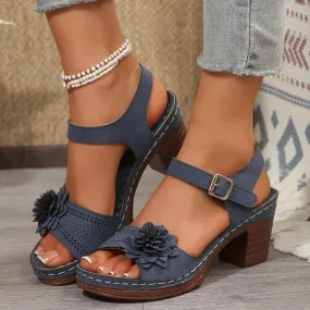 Womens Chunky High Block Heels Elegant Fish Mouth Flowers Sandals Dressy Summer Casual Ankle Strap Hollow Out Platform Wedge Sandal