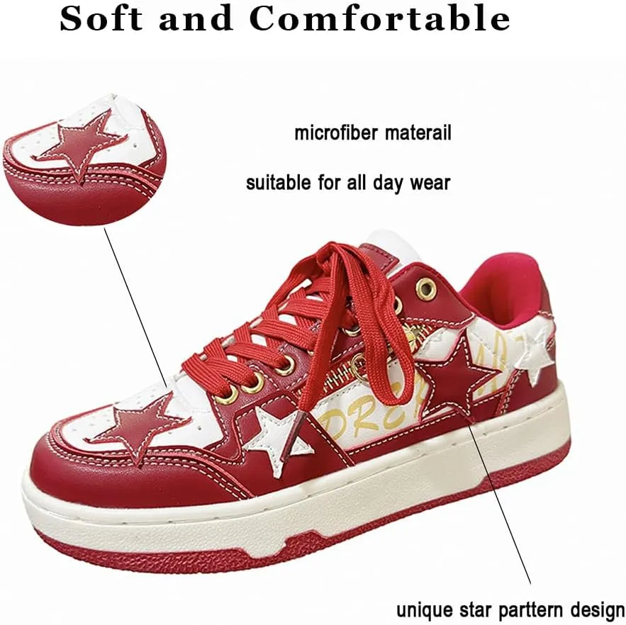Women's Fashion Star Sneaker Lace Up Sporty Sneakers for Women Comfortable Walking Shoes Casual Skate Shoes Low Top Tennis Shoes