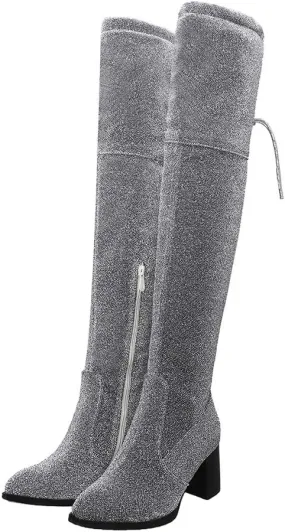 Womens Glitter Thigh High Stretch Over The Knee Chunky Heel Boots