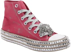 Womens High-Top Canvas Sneakers Studded Rhinestone Side Shoes Lace Up Fashion Shoes Casual Platform Ankle Boots