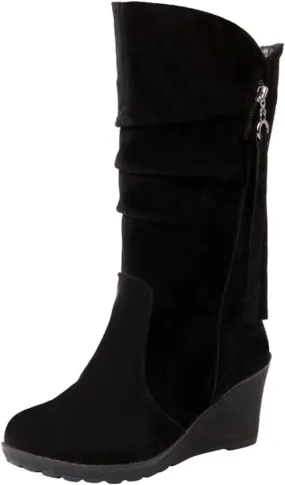 Women's Mid Calf Boots Wedge Platform Boots Suede Round Toe Boots Lace up Ankle Boots Tassel High Heel Dress Boots