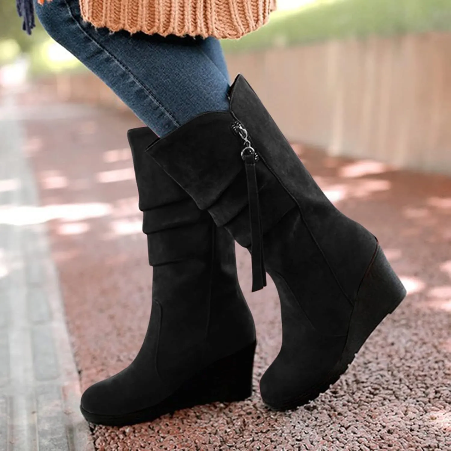 Women's Mid Calf Boots Wedge Platform Boots Suede Round Toe Boots Lace up Ankle Boots Tassel High Heel Dress Boots