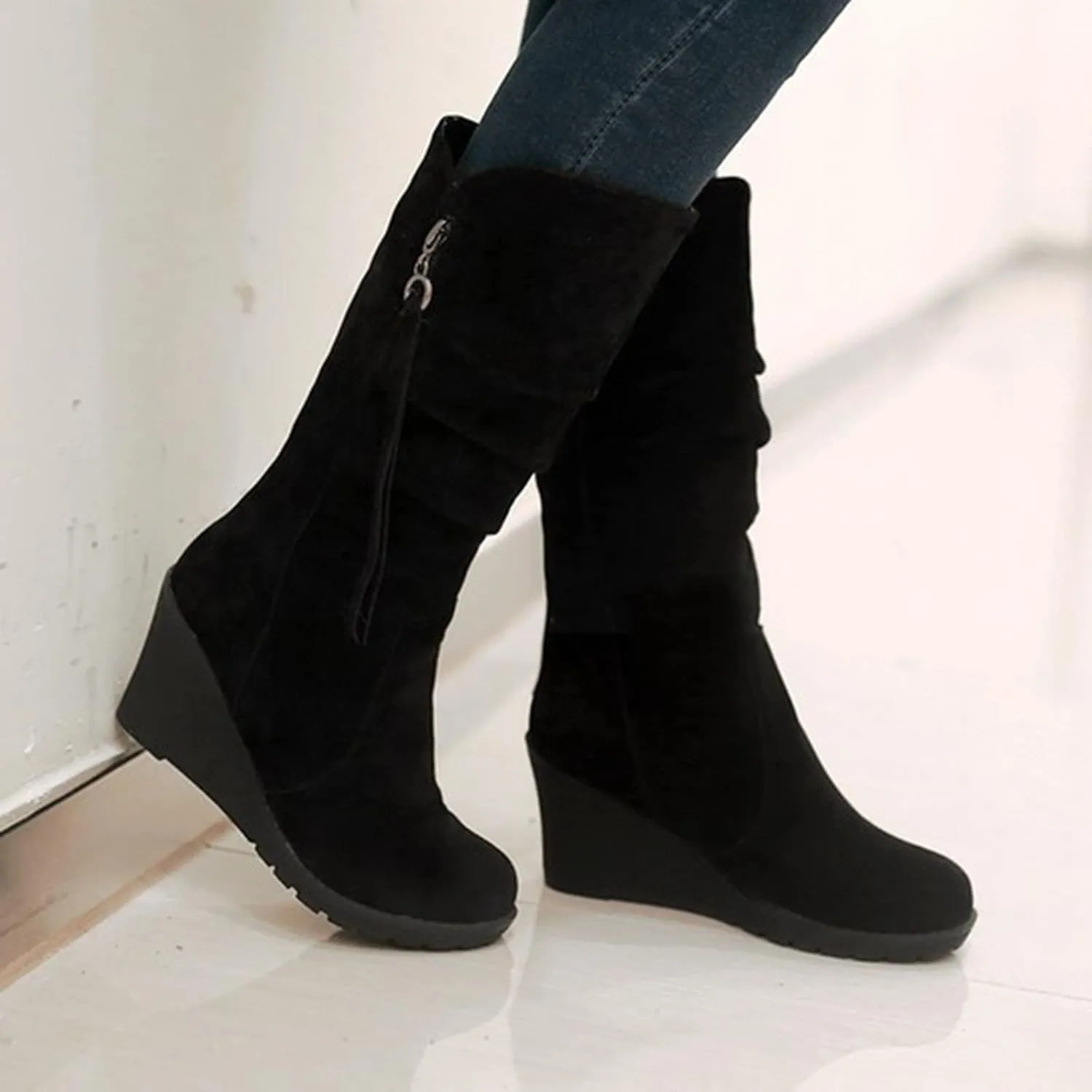 Women's Mid Calf Boots Wedge Platform Boots Suede Round Toe Boots Lace up Ankle Boots Tassel High Heel Dress Boots