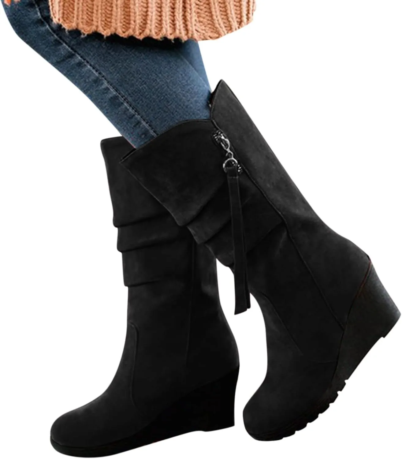 Women's Mid Calf Boots Wedge Platform Boots Suede Round Toe Boots Lace up Ankle Boots Tassel High Heel Dress Boots