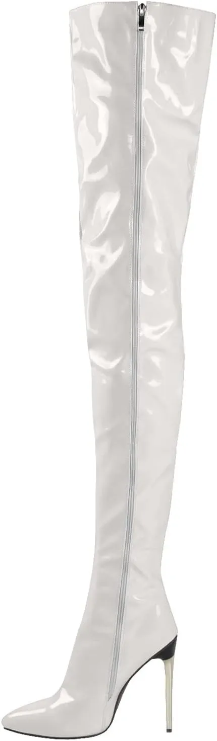 Womens Patent Leather Over The Knee Boots Sexy 4.3 Inch Stiletto High Heel Stretch Side Zipper Thigh Long Boots Pointed Toe Over The Knee Booties