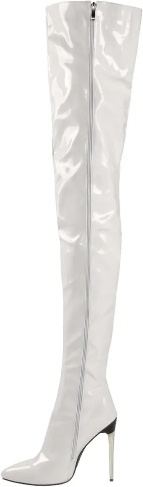 Womens Patent Leather Over The Knee Boots Sexy 4.3 Inch Stiletto High Heel Stretch Side Zipper Thigh Long Boots Pointed Toe Over The Knee Booties