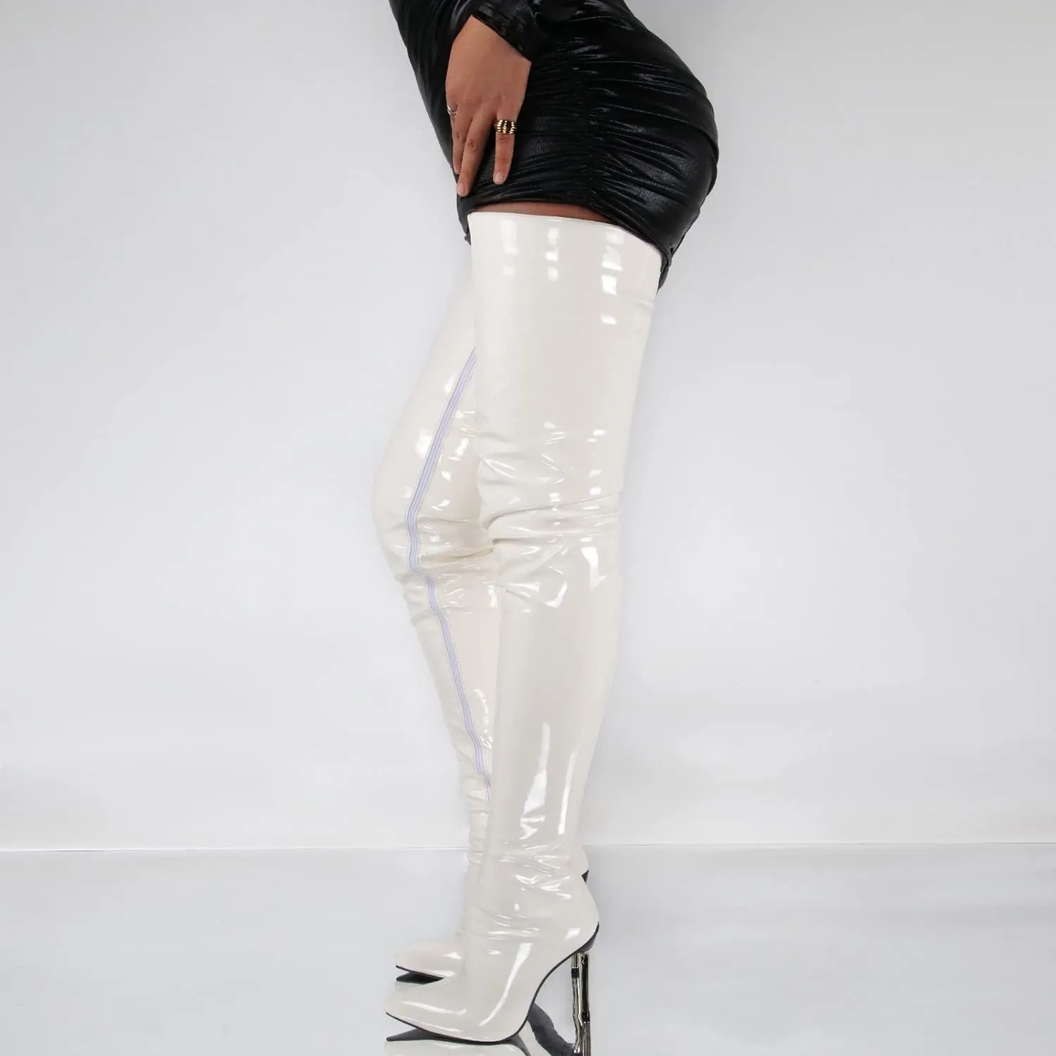 Womens Patent Leather Over The Knee Boots Sexy 4.3 Inch Stiletto High Heel Stretch Side Zipper Thigh Long Boots Pointed Toe Over The Knee Booties
