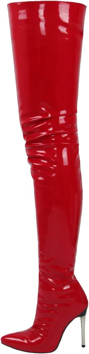 Womens Patent Leather Over The Knee Boots Sexy 4.3 Inch Stiletto High Heel Stretch Side Zipper Thigh Long Boots Pointed Toe Over The Knee Booties